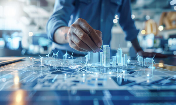 A man is drawing a city on a computer screen