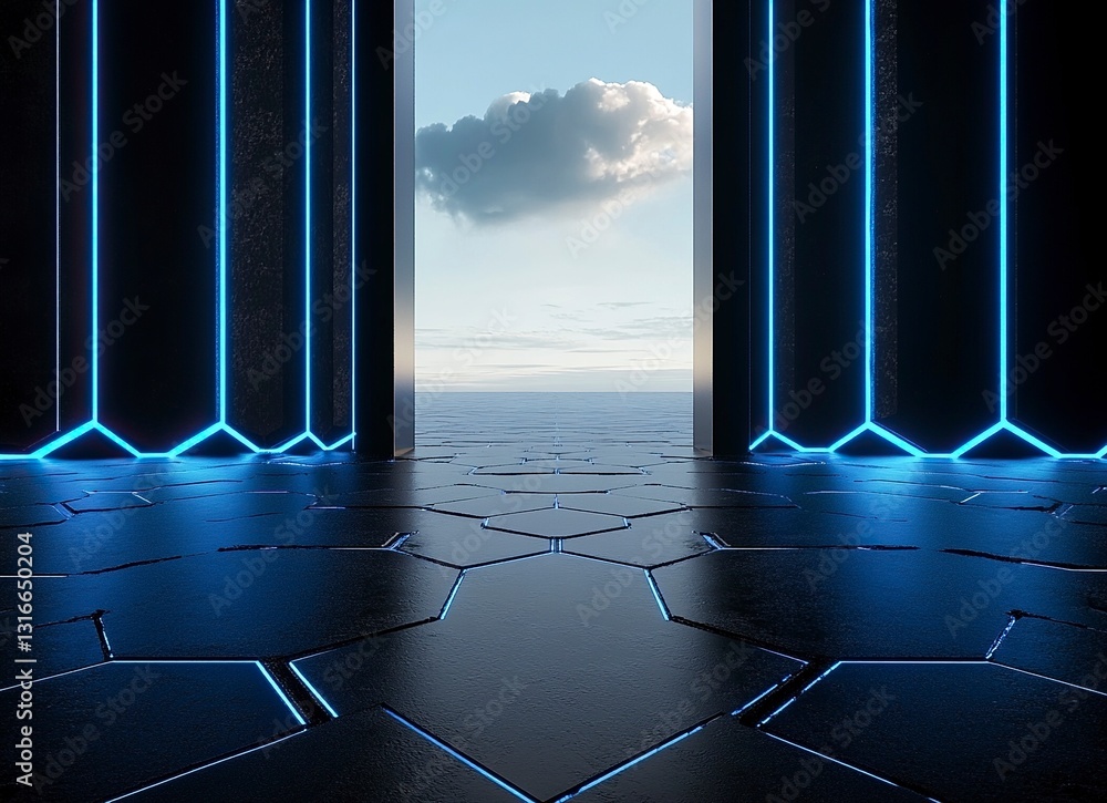 Poster 3d rendering of black hexagon floor with light in the background. an empty room with black walls and