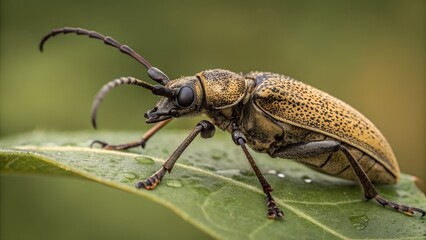 Longhorn Beetle on Leaf: Close-up shot of a striking longhorn beetle perched gracefully on a vibrant green leaf, showcasing intricate details and natural textures.