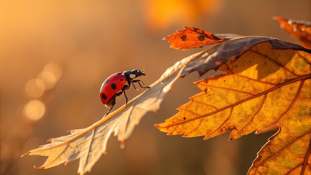Ladybug's Autumn Stroll: A vivid close-up captures a ladybug traversing a vibrant autumn leaf, showcasing the season's rich colors in the soft light.