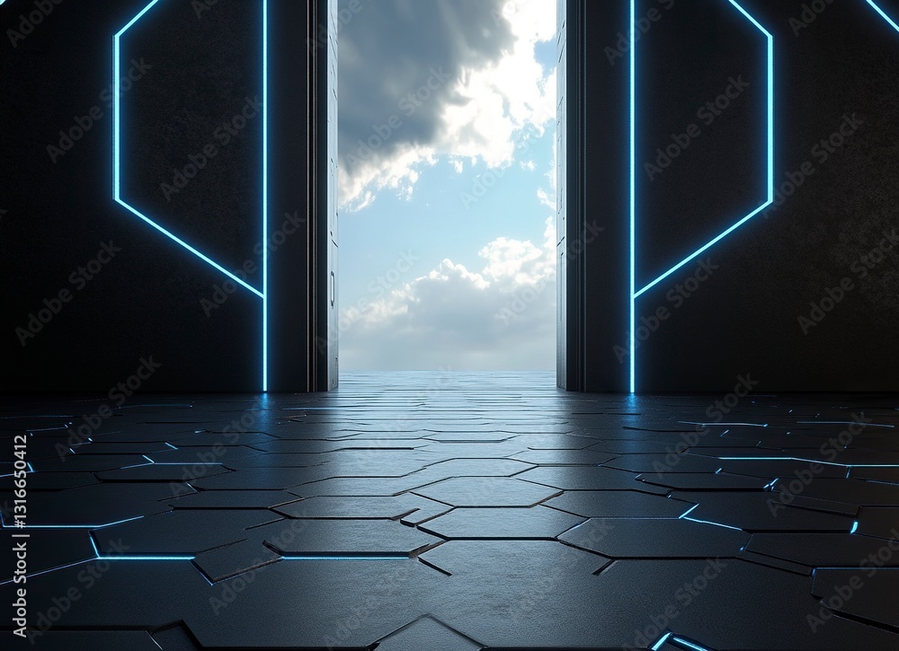 Poster 3d rendering of black hexagon floor with light in the background. an empty room with black walls and