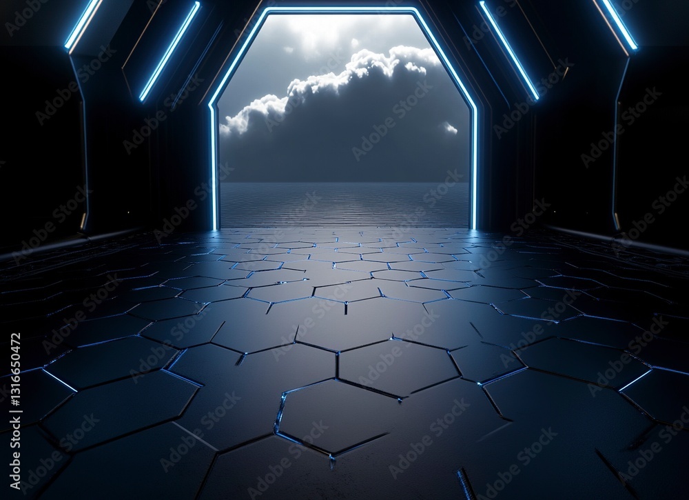 Poster 3d rendering of black hexagon floor with light in the background. an empty room with black walls and