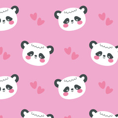 Cute panda bear face with pink hearts seamless pattern, vector illustration for kids' wallpaper, textile, and scrapbooking design