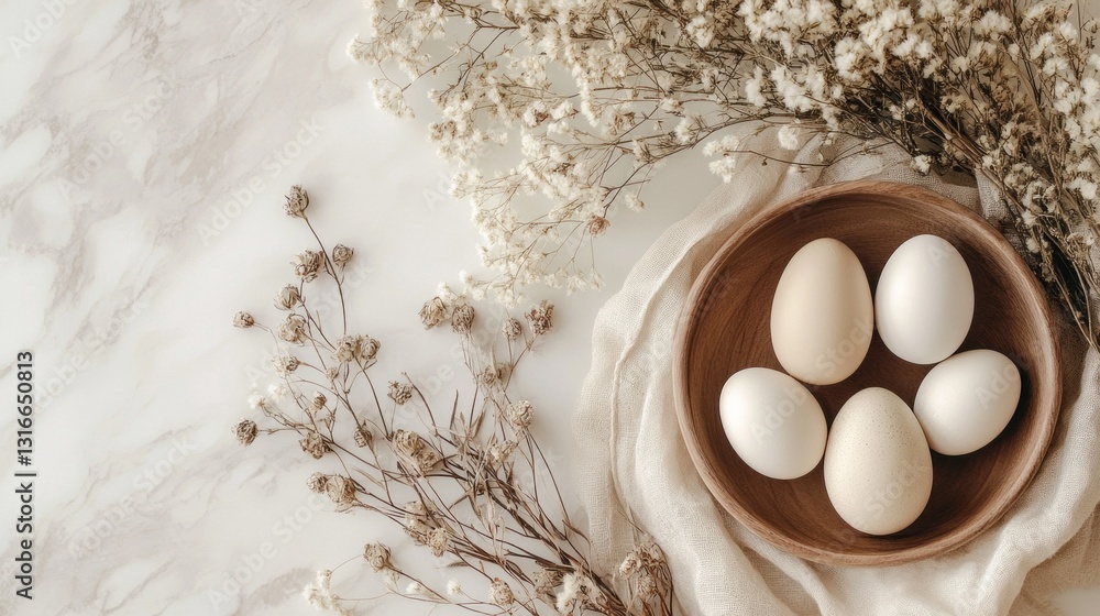 Poster white eggs are gracefully arranged in a wooden bowl, surrounded by soft dried flowers against a smoo