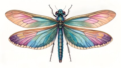 Dragonfly's Elegant Wings: A captivating illustration showcases a dragonfly, its delicate wings adorned with an array of colors and intricate patterns, inviting viewers to marvel at the insect world.