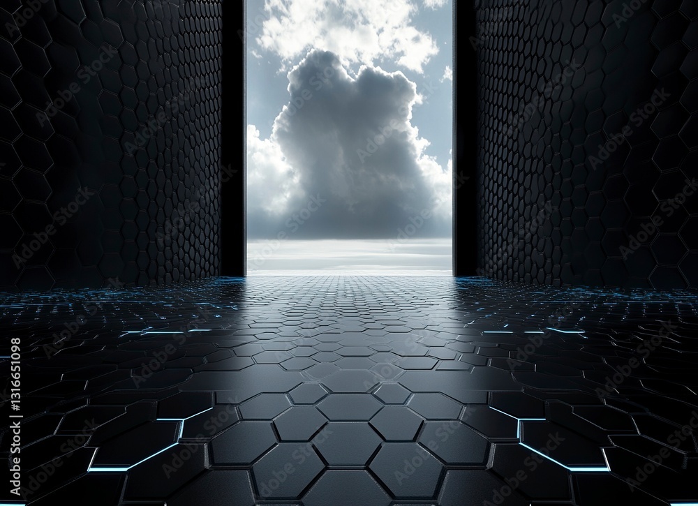 Poster 3d rendering of black hexagon floor with light in the background. an empty room with black walls and