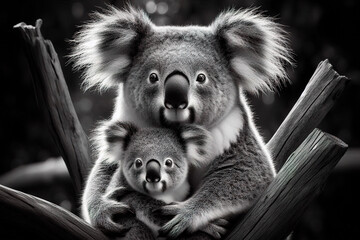 Obraz premium Black and white photo of a koala with her baby