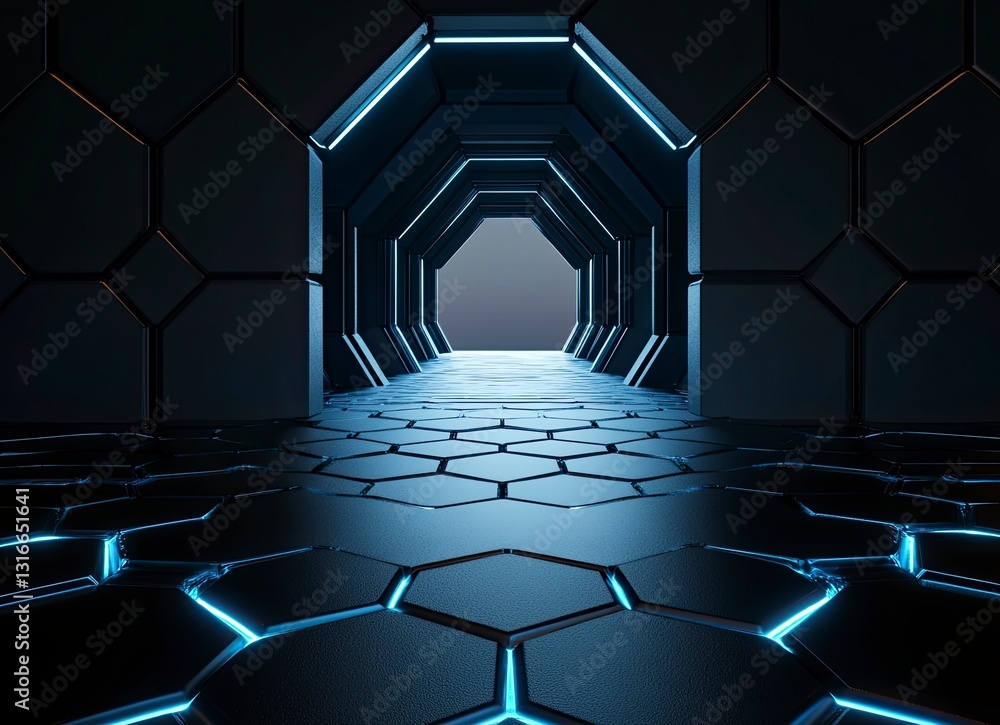Poster 3d rendering of hexagonal floor with light coming from the top in black color, with blue lights on b