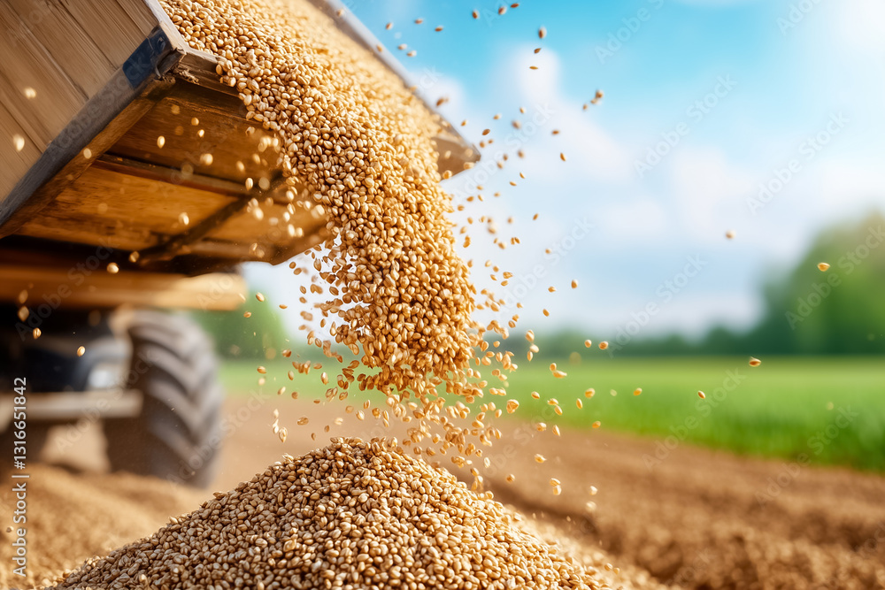 Poster a truck is being filled with grain as it streams from a combine harvester, creating a beautiful disp