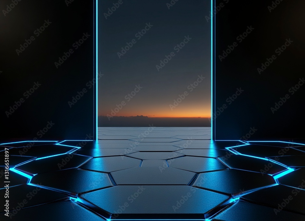 Poster 3d rendering of hexagonal floor with light coming from the top in black color, with blue lights on b