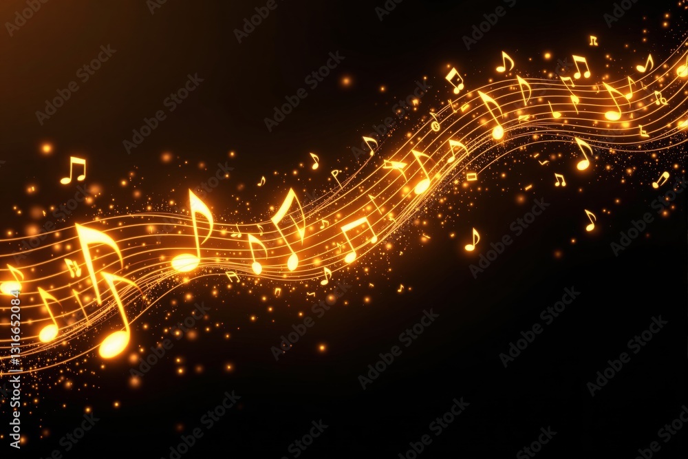 Poster glowing golden musical notes and staff flowing in a dynamic wave on a dark background, creating a cr