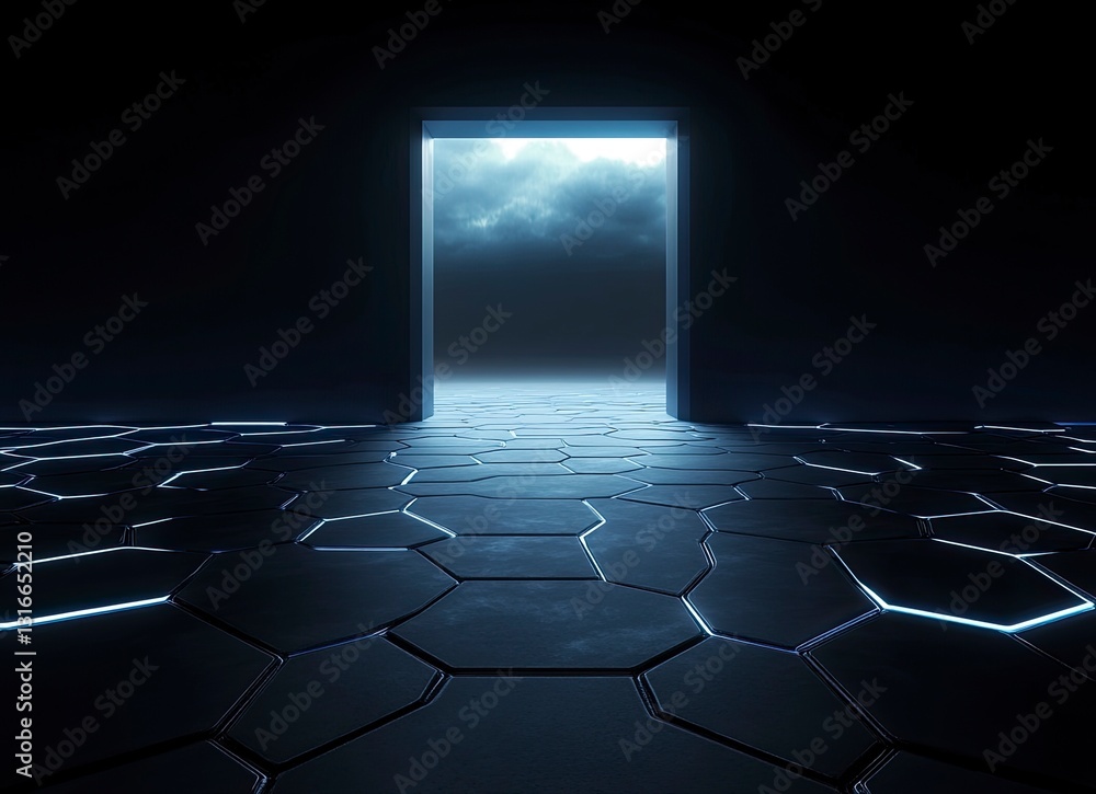Poster 3d rendering of hexagonal floor with light coming from the top in black color, with blue lights on b