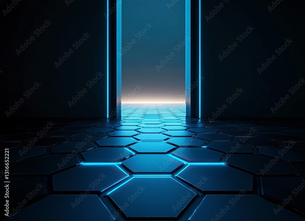 Poster 3d rendering of hexagonal floor with light coming from the top in black color, with blue lights on b