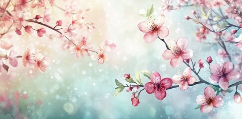 Fototapeta premium Delicate pink blossoms on branches appear against a watercolor backdrop