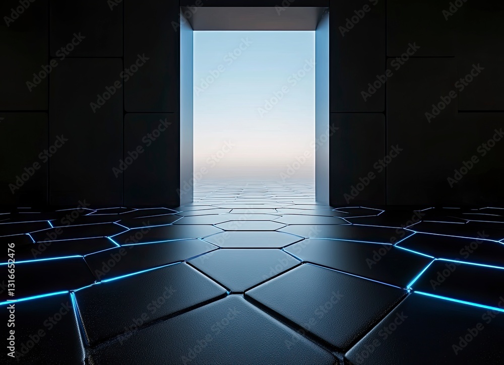 Poster 3d rendering of hexagonal floor with light coming from the top in black color, with blue lights on b