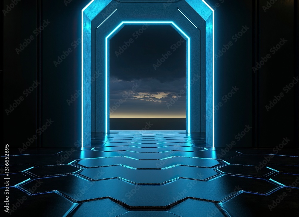 Poster 3d rendering of hexagonal floor with light coming from the top in black color, with blue lights on b