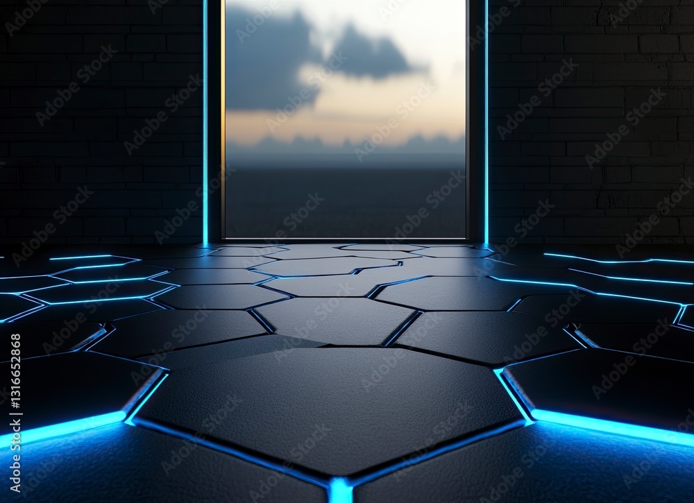 Poster 3d rendering of hexagonal floor with light coming from the top in black color, with blue lights on b