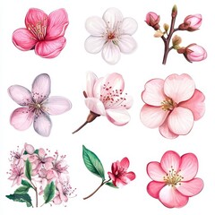 Watercolor paintings depicting beautiful and colorful spring blossoms on white backgrounds