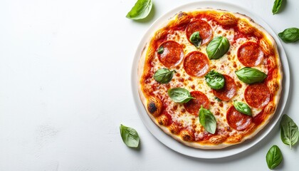 Indulge in the allure of this meticulously crafted pepperoni pizza, gracefully adorned with vibrant basil leaves, all set against a pristine white canvas The tantalizing aroma wafts through the air