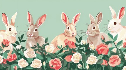 Obraz premium Cute cartoon bunnies in a garden of white and red roses.
