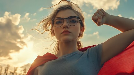 Superhero woman with blonde ponytail, red cape, and determined pose against cloudy sky

