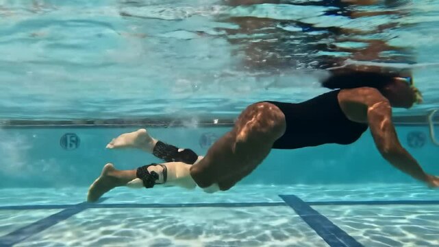 Underwater Shot of a Determined Black Woman with a Lower Limb Difference Swimming in a Pool: A Celebration of Diversity, Inclusion, and Resilience in Sports