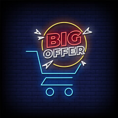 big offer neon sign with brick wall background vector