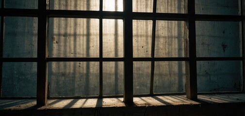 Naklejka premium Strong contrasts of sunlight casting shadows through barred prison window on a cold floor