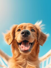 Fototapeta premium A cheerful golden retriever enjoying a sunny day with a bright blue sky, radiating joy and positive energy.