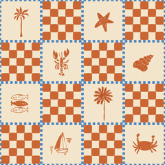 Brown checkered summer beach seamless pattern. Tropical palm tree, lobster, fish, boat, seashells, yacht. Cute hand drawn boho print, fabric, textile, wallpaper, background Vector hippie ornament.