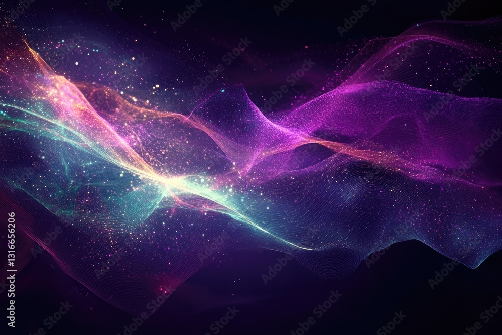 Aufkleber abstract cosmic artwork with flowing neon colors and sparkling particles, creating a dreamy, etherea