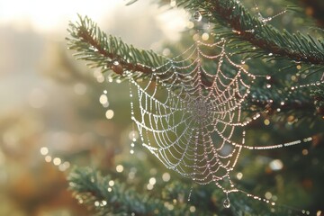 Spiderweb covered in dew on thin branch with green grass in background, early spring morning, close up