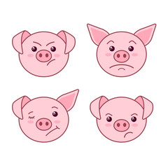 Set of cute pig heads with dissatisfied angry emotions. Flat design, cartoon style, Pink pig faces. Vector illustration isolated on white background