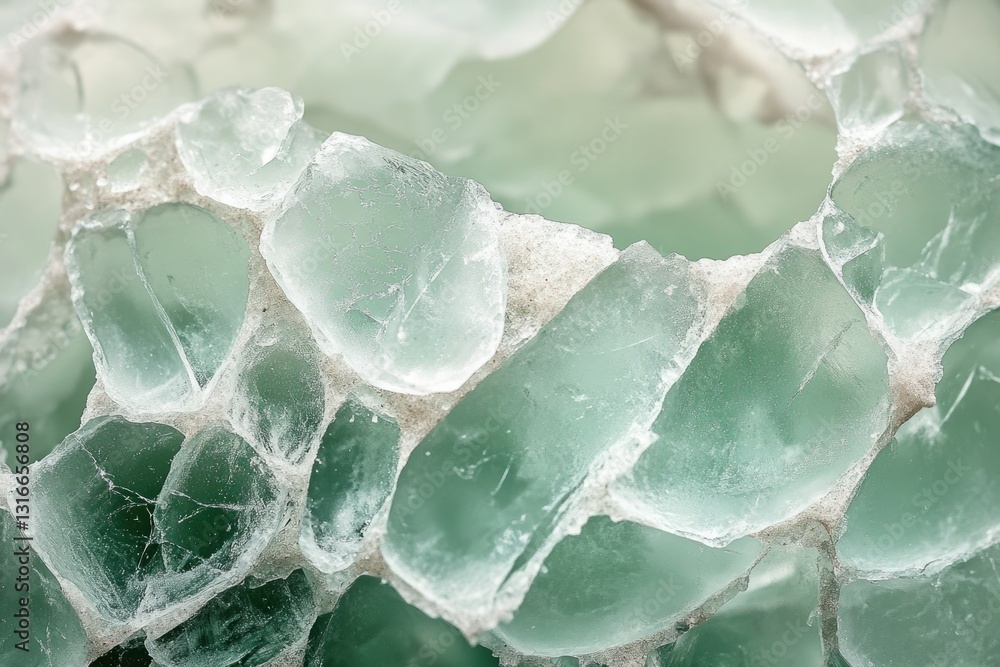 Aufkleber close-up of a pale green crystalline structure with visible fractures and intergrown matrix.