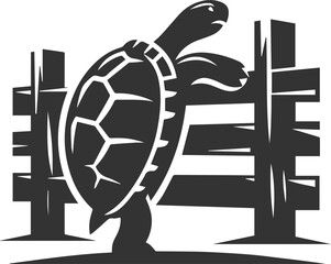 Tortoise climbing a wooden fence, gripping with its legs vector silhouette