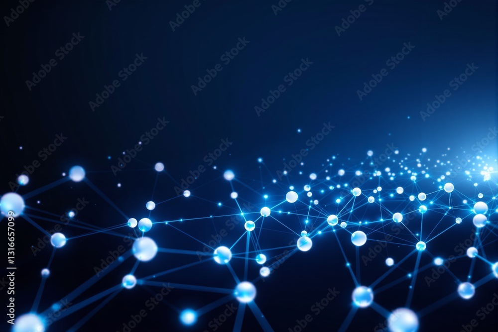 Poster abstract network of glowing blue nodes interconnected by lines on a dark background. concept of digi