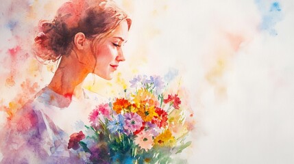Watercolor painting of a woman holding a vibrant bouquet of wildflowers, enjoying the warm sunlight