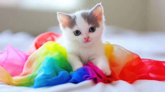 Kitten Artist in Rainbow Dress: Whimsical and Colorful Artistic Creation with a Feline Twist.