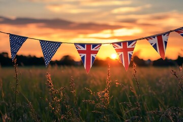 Union Jack bunting at sunset.