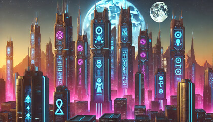 Futuristic Neon City with Hieroglyphic Symbols
