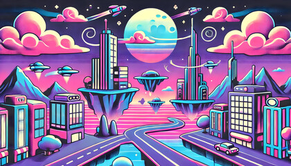  Retro-Futuristic Floating Cityscape with Neon-Lit Buildings and Cars