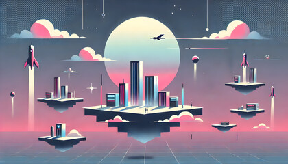 Minimalist Retro-Futuristic Floating Cityscape