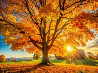 Fototapeta premium Breathtaking autumn landscape: golden leaves, majestic trees, serene nature, picturesque scenery, seasonal beauty.