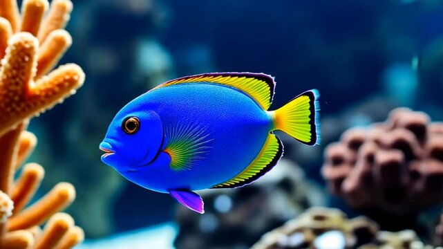 Vibrant Blue Tang Fish Swimming in Coral Reef - A vibrant blue tang fish gracefully swims through a colorful coral reef, showcasing its dazzling blue scales, yellow tail, and purple fin. The coral ree