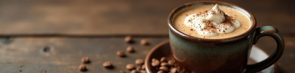 Cozy rustic mug filled with creamy hot chocolate on wooden table, creamy, wood, table