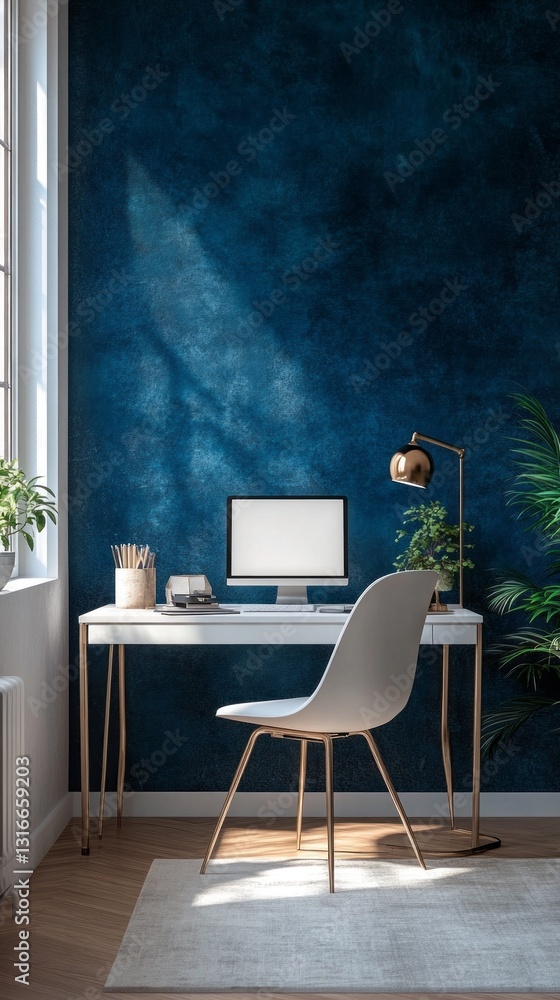 Poster Bright rays of sunlight filter through a large window, illuminating a cozy workspace featuring a minimalist desk and modern chair. Plants bring a touch of nature to the tranquil setting