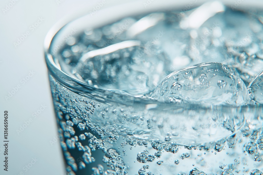 Poster close-up of sparkling water with ice cubes in a glass, showcasing bubbles and refreshing texture.