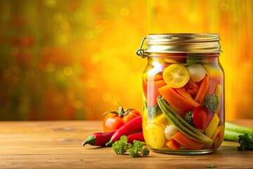 Colorful pickled vegetables burst from a mason jar, double exposed against a sunny yellow backdrop.