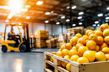 Workers efficiently stack fruit crates on pallets in a well-lit warehouse, while a forklift expertly lifts a prepared stack, showcasing teamwork and productivity