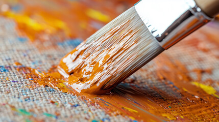 Fototapeta premium Close-Up of a Paintbrush Coated in Vibrant Colors Creating Expressive Strokes on Canvas